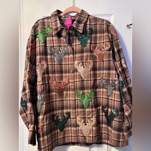 BNWT QUEEN OF SPARKLES Plaid Button Down Shirt with Multicolor Deer